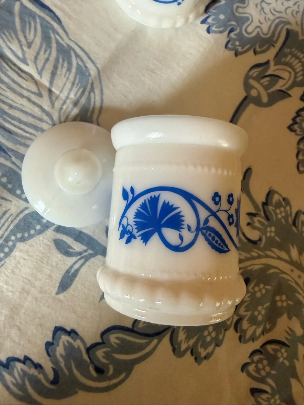 Set Of 5 Vintage Hazel Atlas Milk Glass Blue Floral Pattern Jar with Lid Trinket